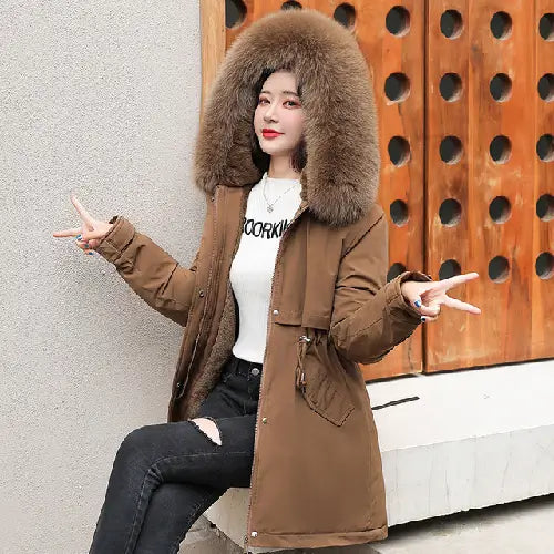 Women Parka Fashion Long Coat Wool Liner Hooded