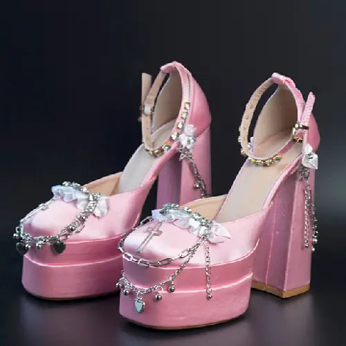 Metal Chain and Satin Cross Lacing Sandals