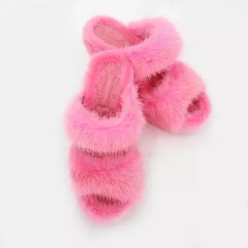 Fluffy Real Mink Fur Sandals for Women