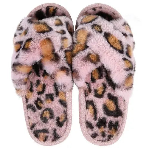 Cross-Band Leopard Print Fuzzy Slippers