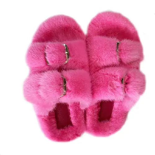 Ladies Pink Slippers 100% Mink Fur