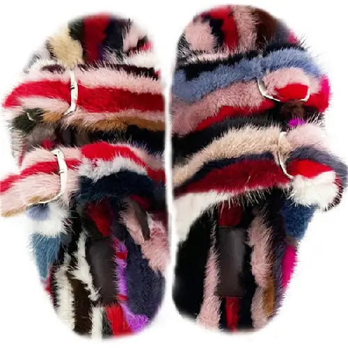 European Girls Mink Fur Fashion Furry Slides